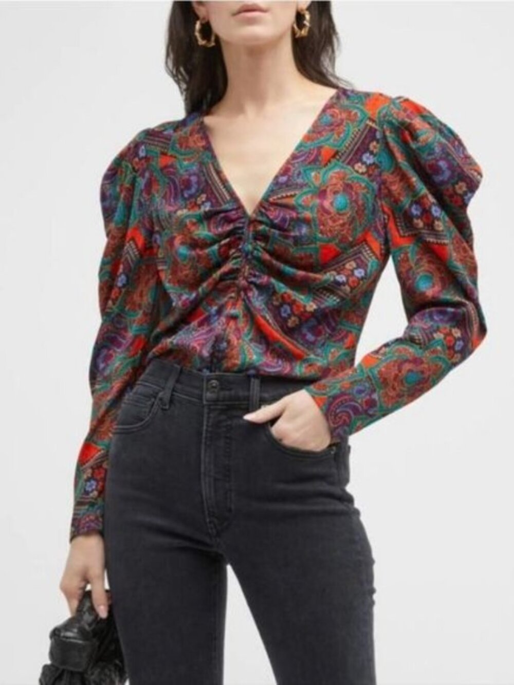 Veronica Beard Simmons Paisley Floral Silk Blend Top Puff Sleeves Size 0